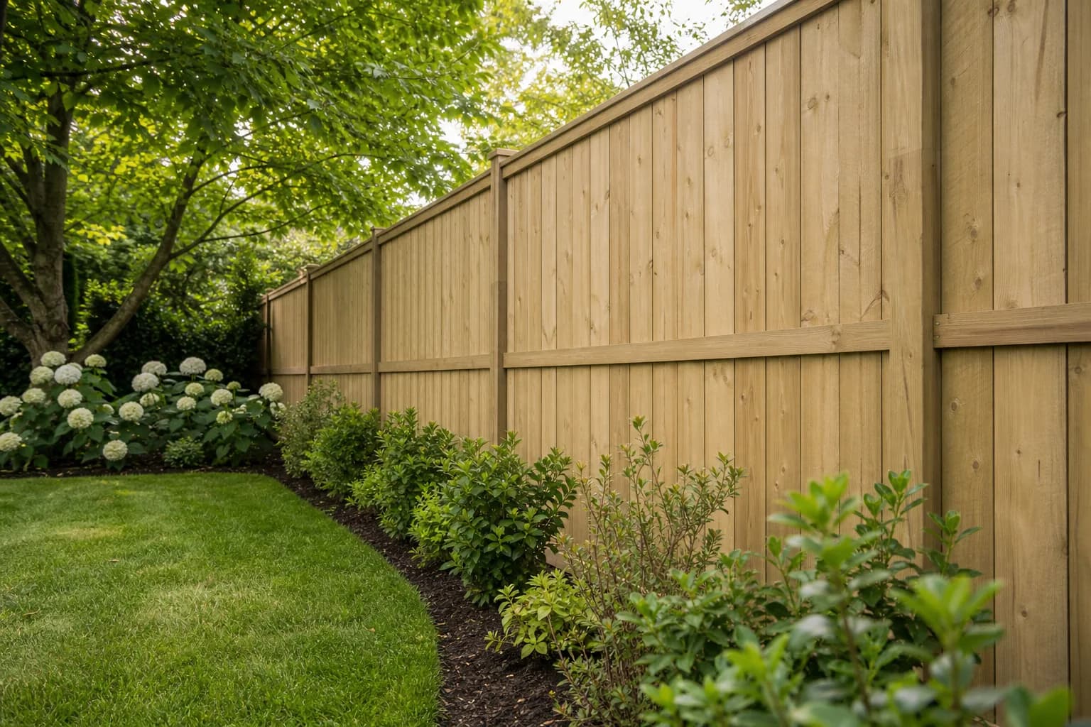 New closeboard timber fence line running along a garden boundary