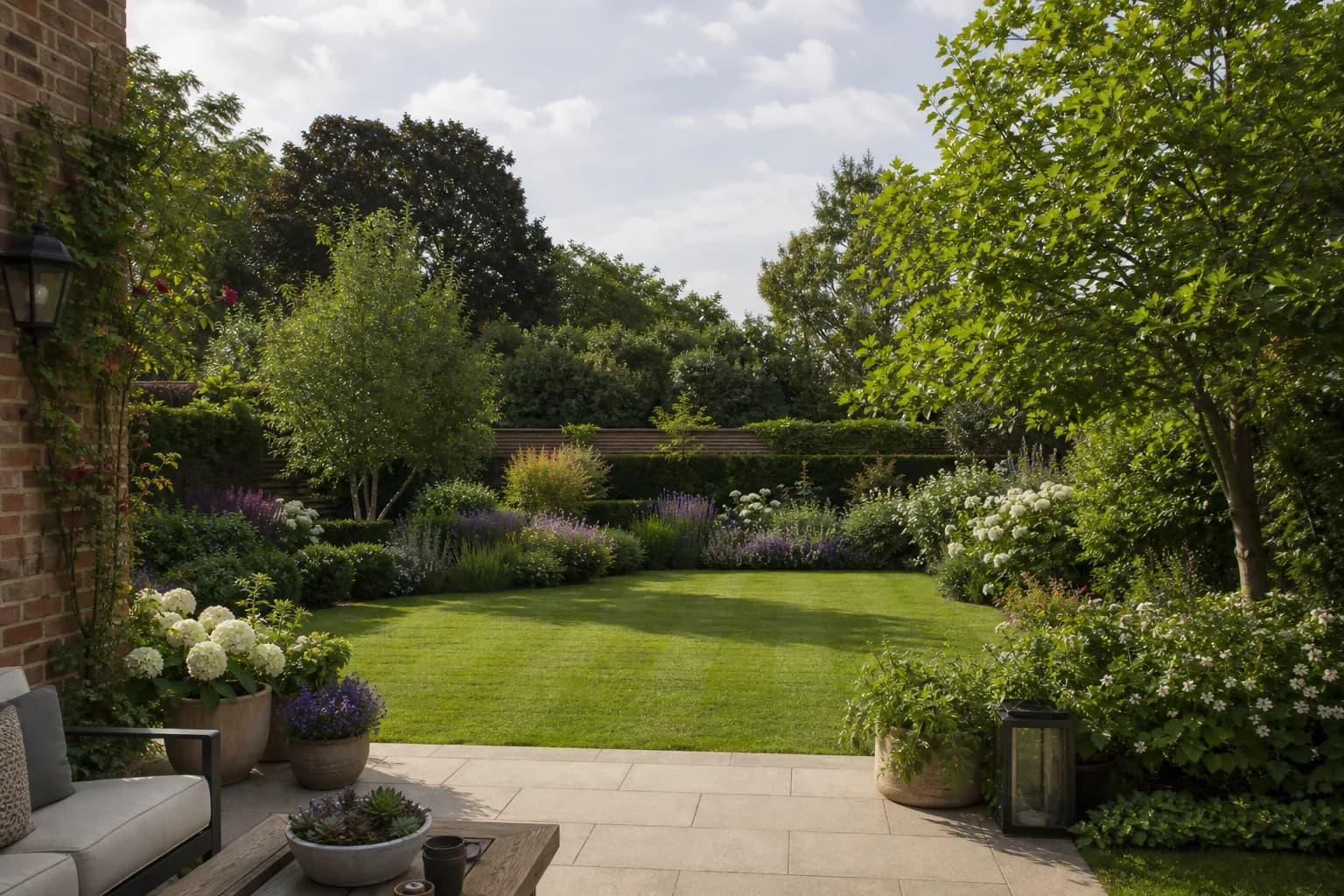 A transformed garden viewed from the house, with a patio, lawn and layered planting